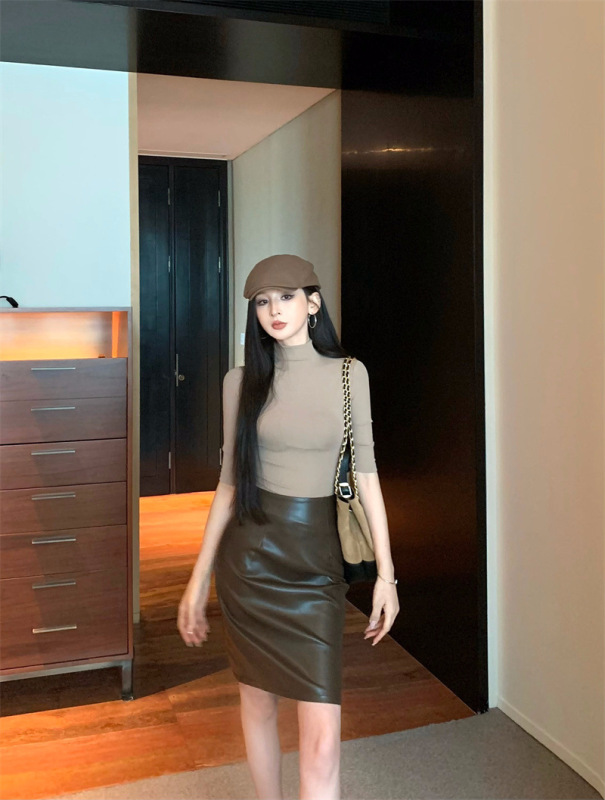 女装高级感气质半袖T恤修身显瘦半高领上衣半身裙皮裙两件套秋装|undefined
