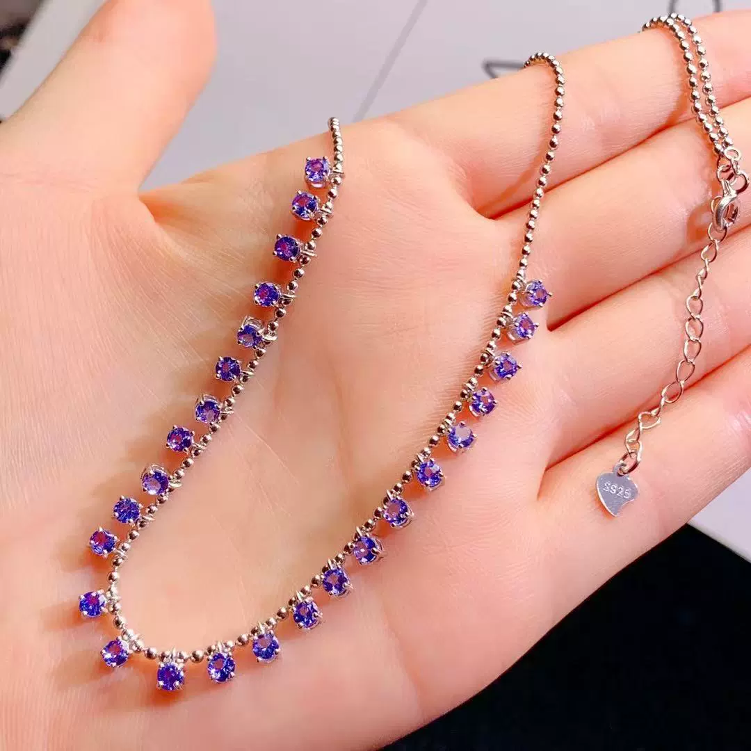 Ожерелье из стерлингового серебра 925 пробы с инкрустацией натурального танзанита, круглые бусины, простые модные универсальные динамические ювелирные изделия из драгоценных камней, цепочка на ключицу.