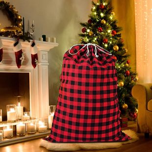 Large Cross-Border Ready-Made Red and Black Buffalo Plaid Christmas Drawstring Cotton Party Gift Candy Storage Drawstring Bag