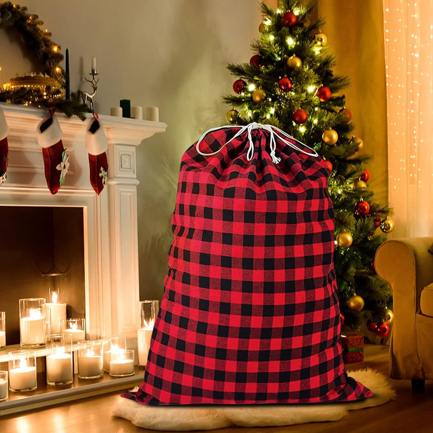 大号跨境现货 红黑水牛格子圣诞束口 棉布派对礼物糖果收纳抽绳袋