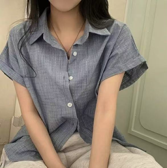 한국 세련된 패션 유행 여성 격자 무늬 셔츠 25 여름 싱글 브레스트 느슨한 반팔 4 색 셔츠 카디건