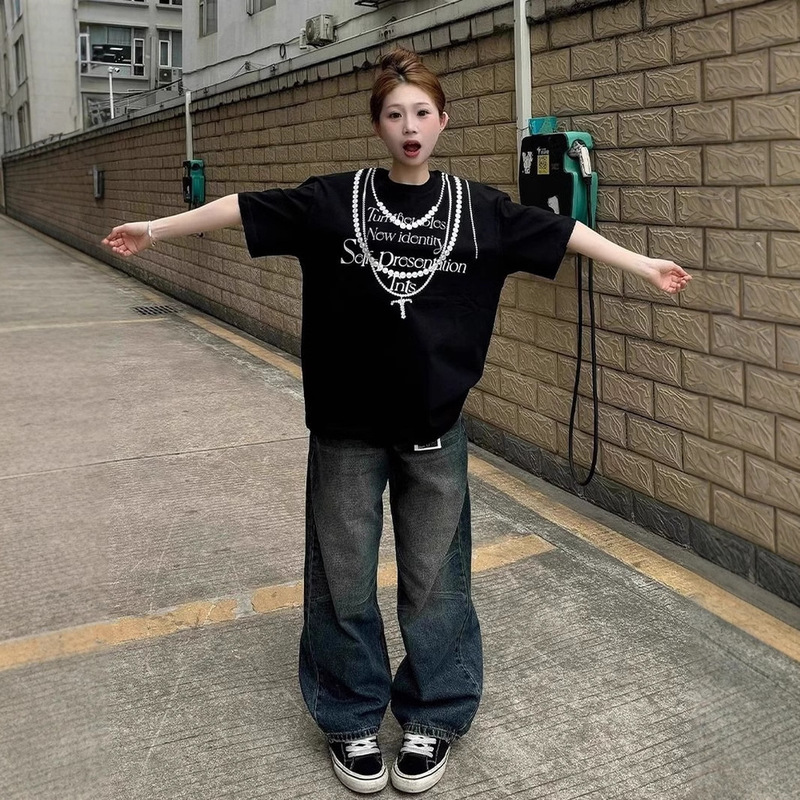 Street Sports English Printed Half-sleeved T-shirt Top Clothes Couple Spring and Summer Shoulder-dropped Pure Cotton Short-sleeved T-shirt Women's Cool