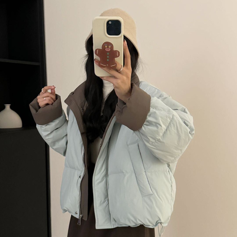 Korean Style 2025 Winter New Short down Jacket for Women with Stand Collar, Color-Blocking, Loose Fit, Thickened Casual Coat for Petite Sizes