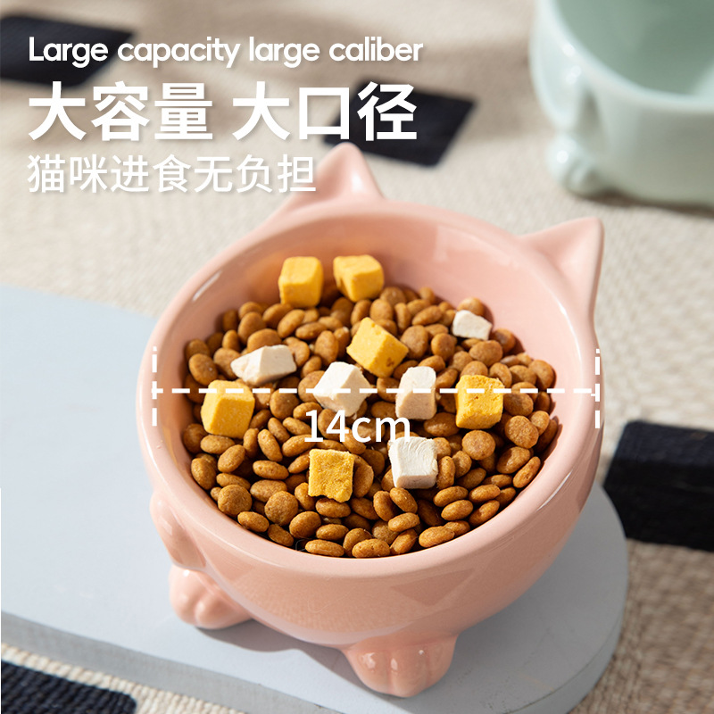 Tazón de arroz de cerámica para gatos Cuenco para gatos con patas altas y vértebras cervicales Tazón doble Tazón de protección de agua potable para gatos Tazón oblicuo para mascotas
