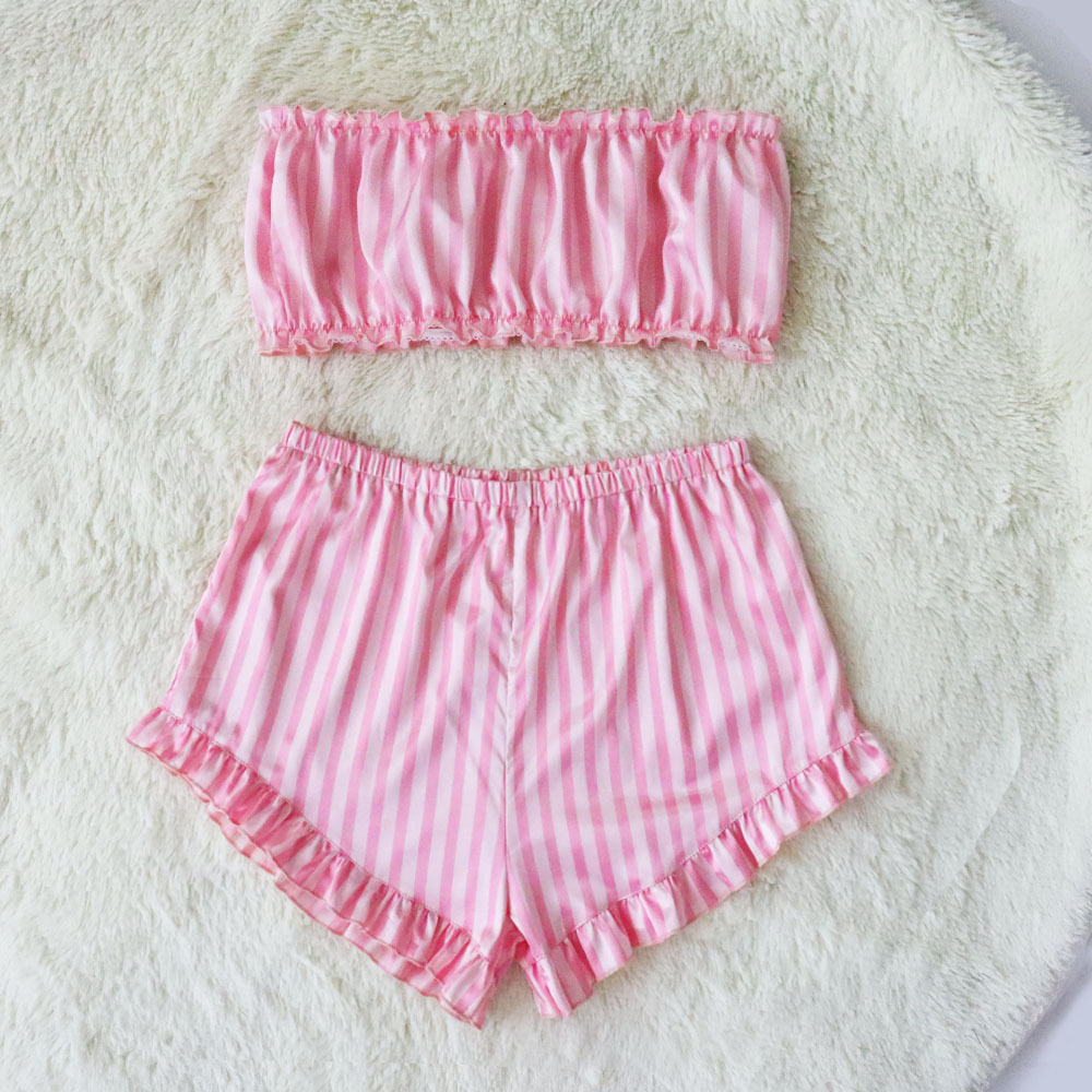 Three-Point Sexy Temptation Pink Striped Cute Pajamas Set NSYO57313