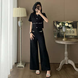 小香风时尚休闲套装女夏气质高级感减龄黑色短袖阔腿裤显瘦两件套