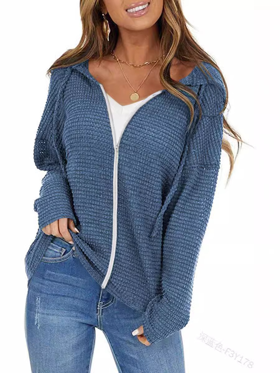 Europa y América transfronteriza nueva ropa de mujer moda de verano color sólido con capucha suéter con cordón manga larga cremallera piña Plaid abrigo de mujer