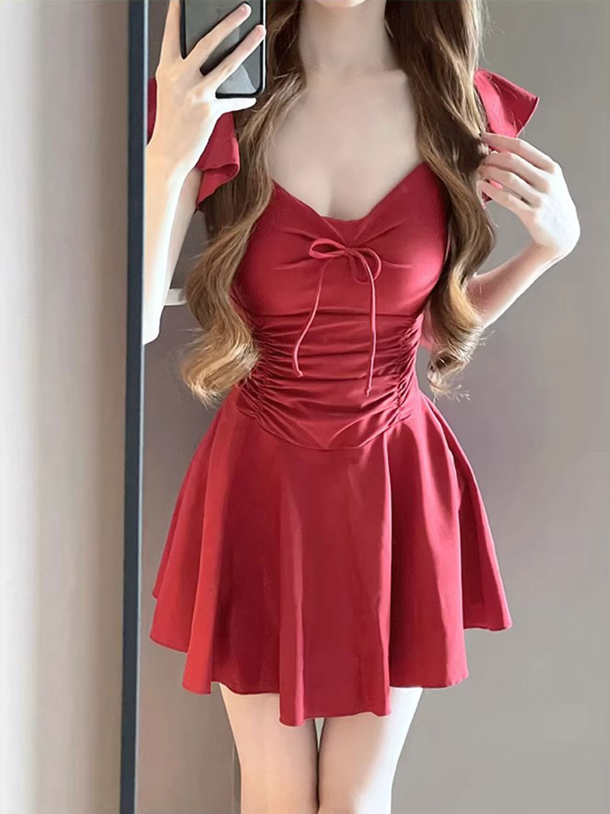 2025 nuevo traje de baño de aguas termales de una pieza para mujer, vestido delgado y conservador para cubrir el vientre, traje de baño de vacaciones rojo retro con pechos pequeños