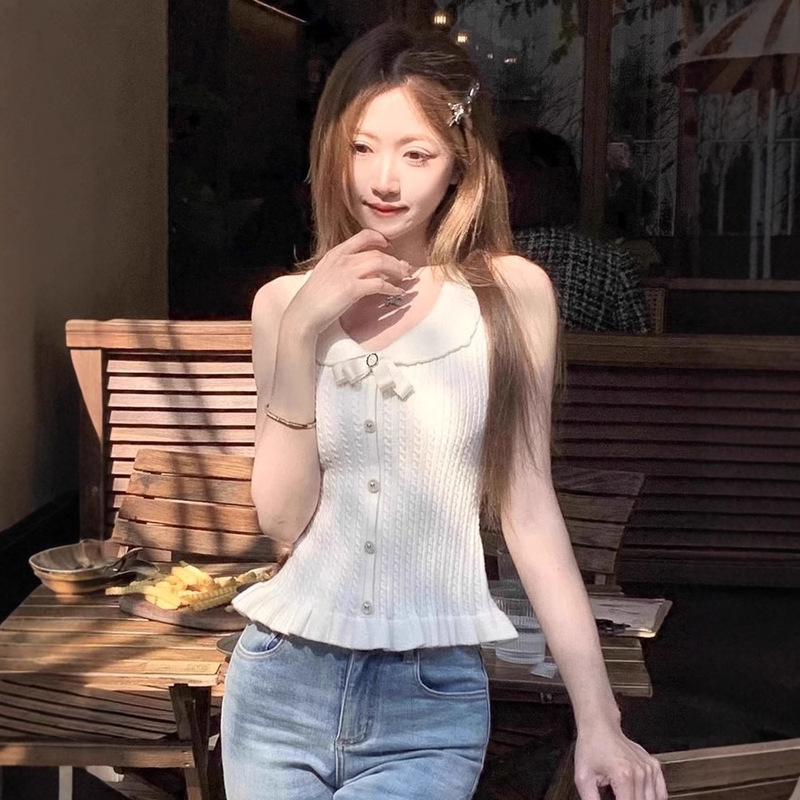 韩版娃娃领针织小背心女2025夏季新款修身洋气短款无袖针织上衣|undefined