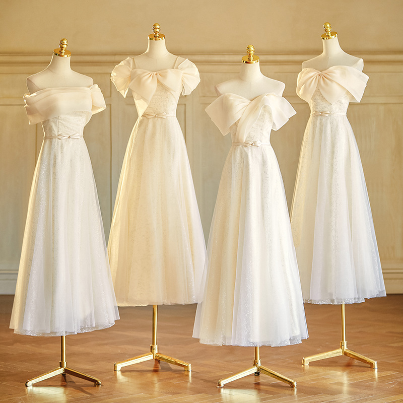 Fairy-Like Bridesmaid Dress in Champagne Color for Petite Figures, 2026 New Style, Elegant Off-Shoulder Bridesmaid Dress, Sister Dress, French-Style Gown