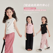 儿童夏季无袖T恤韩版假两件运动背心2024夏季新款女童背心无袖T恤