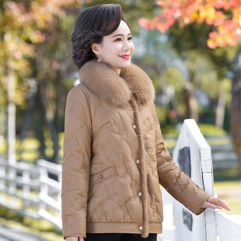 2024 зимний новый модный кожаный пуховик Haining женский средний длинный лиса шерстяной воротник толстый пиджак женский стиль высококлассная одежда