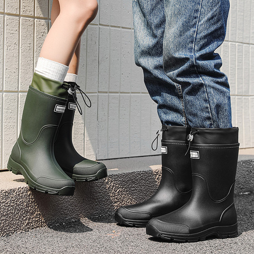 Cross-border couple's mid-rise rain boots with drawstring waterproof rain shoes for outdoor creek wading, thick-soled water shoes with anti-slip kitchen thick-soled rubber shoes