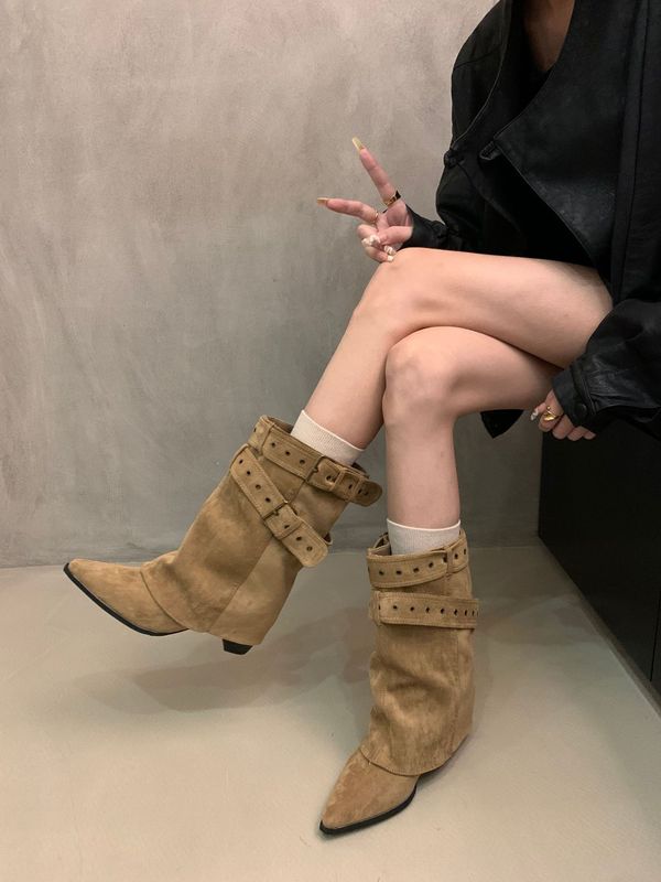 美式辣妹皮带扣裤管靴短筒靴女靴2025早秋新款小众设计短靴西部靴|undefined