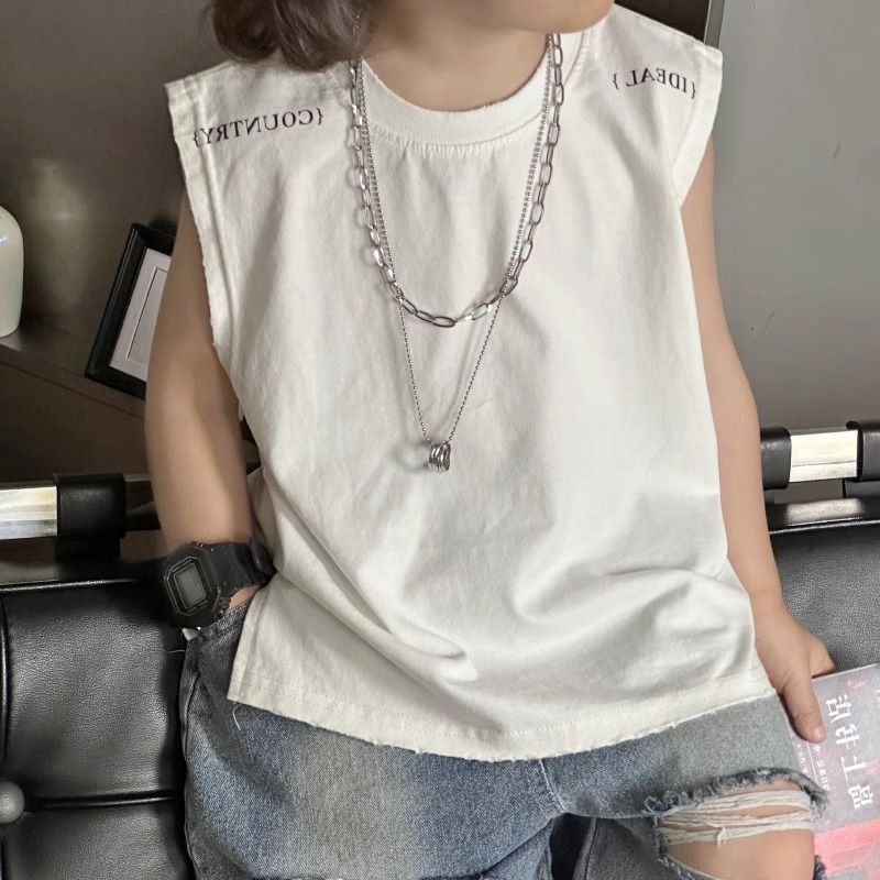 夏季男女童装T恤宝宝洋气儿童个性潮牌韩版字母白色无袖网红上衣