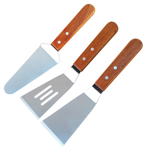 Wooden Handle Stainless Steel Small Spatula Leaking Spatula Cake Spatula Pizza Spatula High Temperature Resistant Fried Fish Barbecue Spatula Kitchen Baking Tools