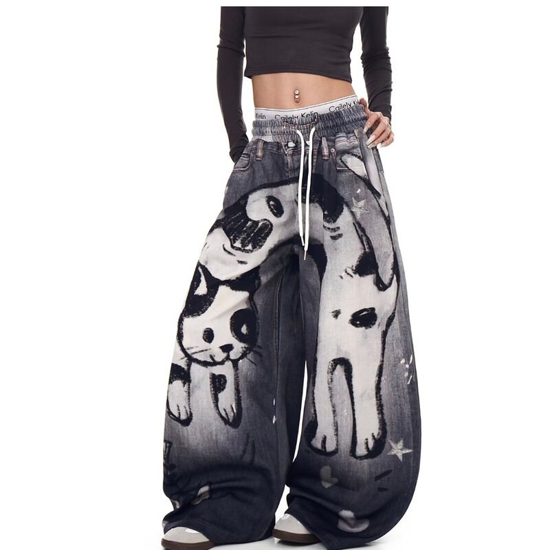 Spray-Painted Hand-Drawn Graffiti Cartoon Anime Jeans for Men and Women High Street Loose Hip-Hop Long Pants Street Fashion Brand