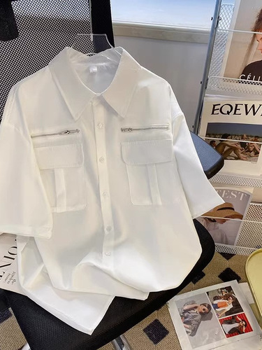 Workwear Short Sleeve Shirt Men Summer High Street Indie Advanced Design Aesthetic American Heavyweight Loose Casual Inch Shirt Jacket