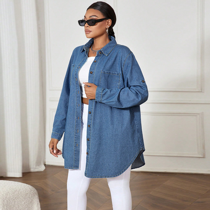 Jeanshemd in Übergröße, Oversize-Hemdjacke aus Chambray mit langen Ärmeln für Damen, lässige Bluse zum Drunterziehen_voghion.com