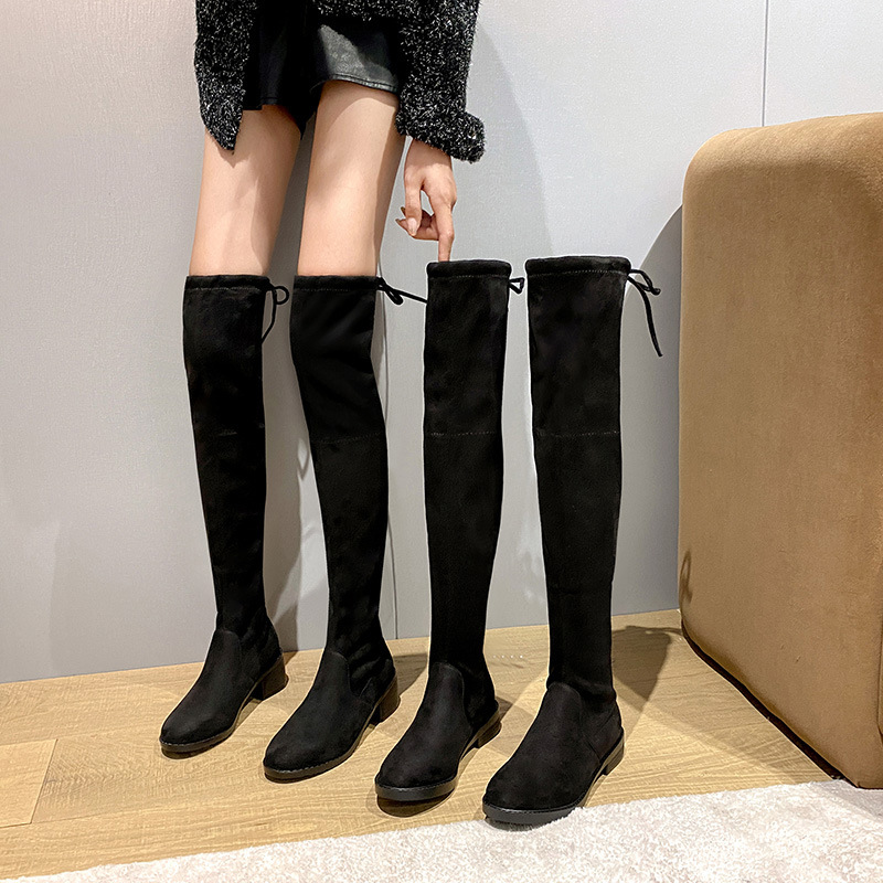 Botas sobre la rodilla para mujer 2020 Otoño e invierno nuevas botas largas forradas de vellón planas elásticas de tacón grueso botas altas delgadas image 2