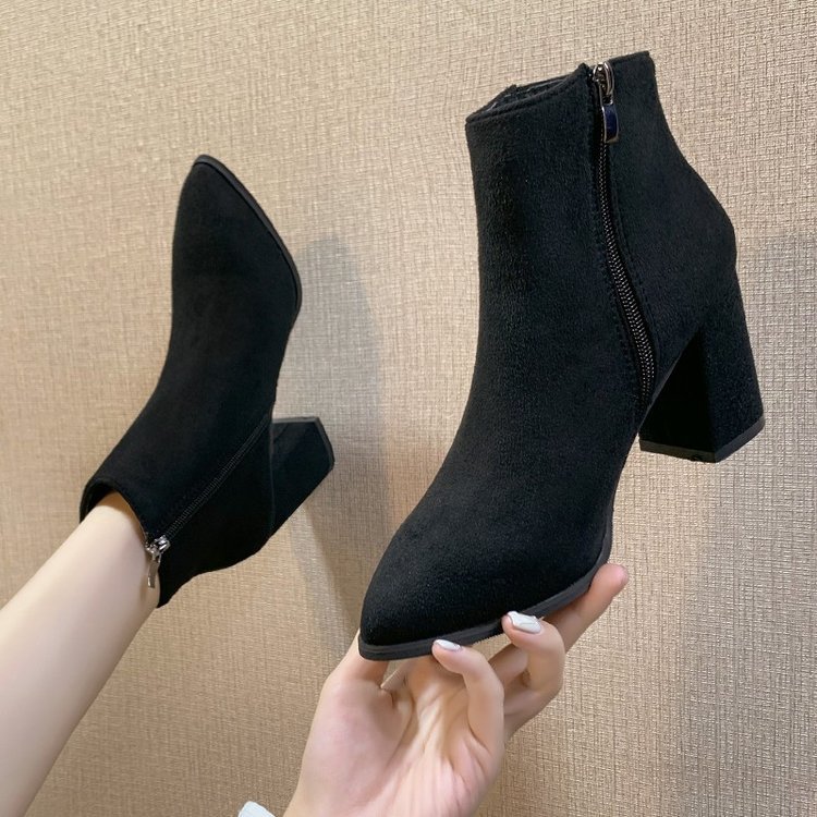 Botas de tacón alto para mujer, estilo coreano, con cremallera lateral, punta en pico, de gamuza, tacón grueso, moda otoño 2025 image 6
