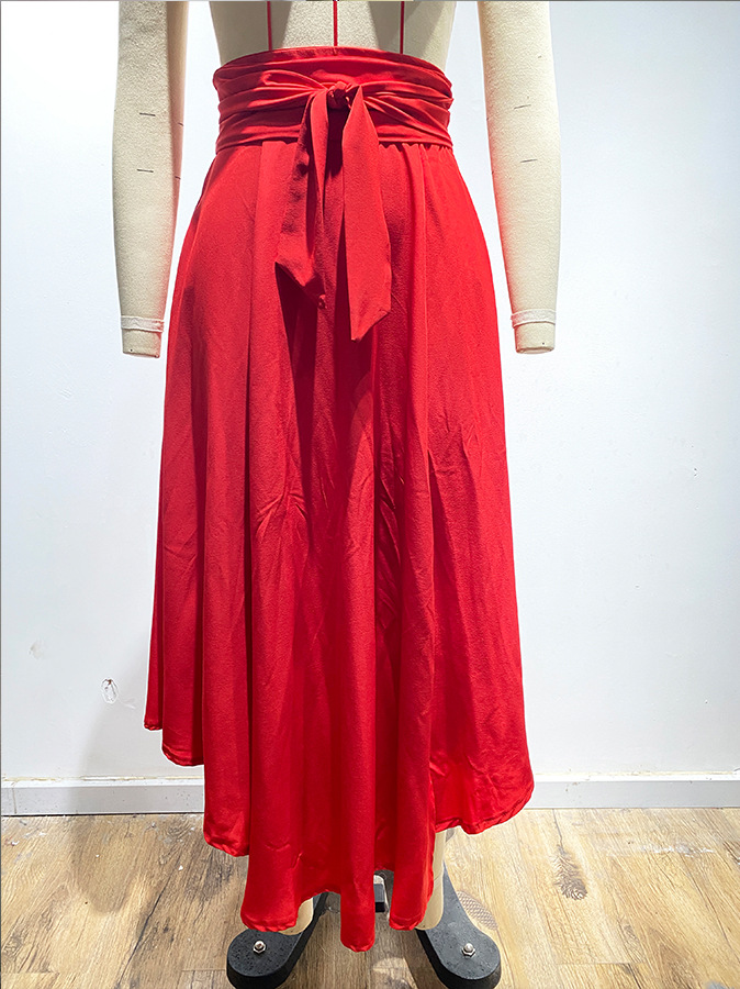 Women's Solid Colour Lace-up Midi Skirt Elegant Summer Fashion_voghion.com