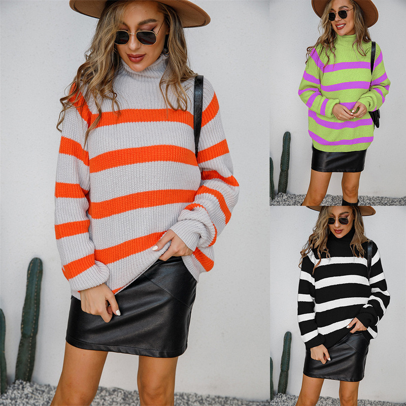 2026 Long-Sleeve European and American Style Knitted Cotton Striped Elegant Commuter Patchwork Striped High-Neck Black Pullover Plus-Size Sweater for Women