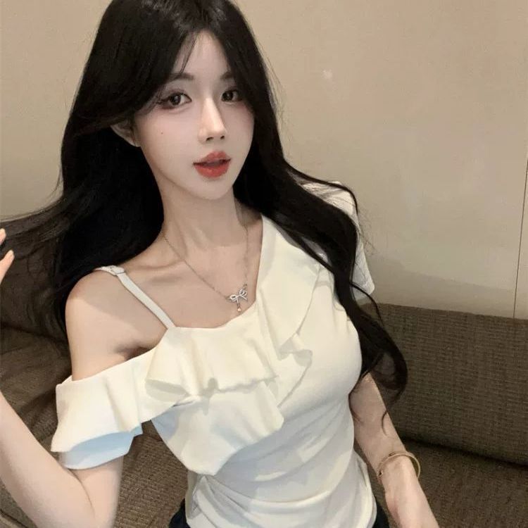 Gentle Style Ruffled Off-Shoulder White Short-Sleeve T-Shirt for Women, Summer Niche Sexy Spicy Girl Off-Shoulder Base Top Trendy