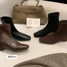 法式2025秋冬季新款女靴增高6cm经典小方头百搭后拉链瘦瘦短靴女