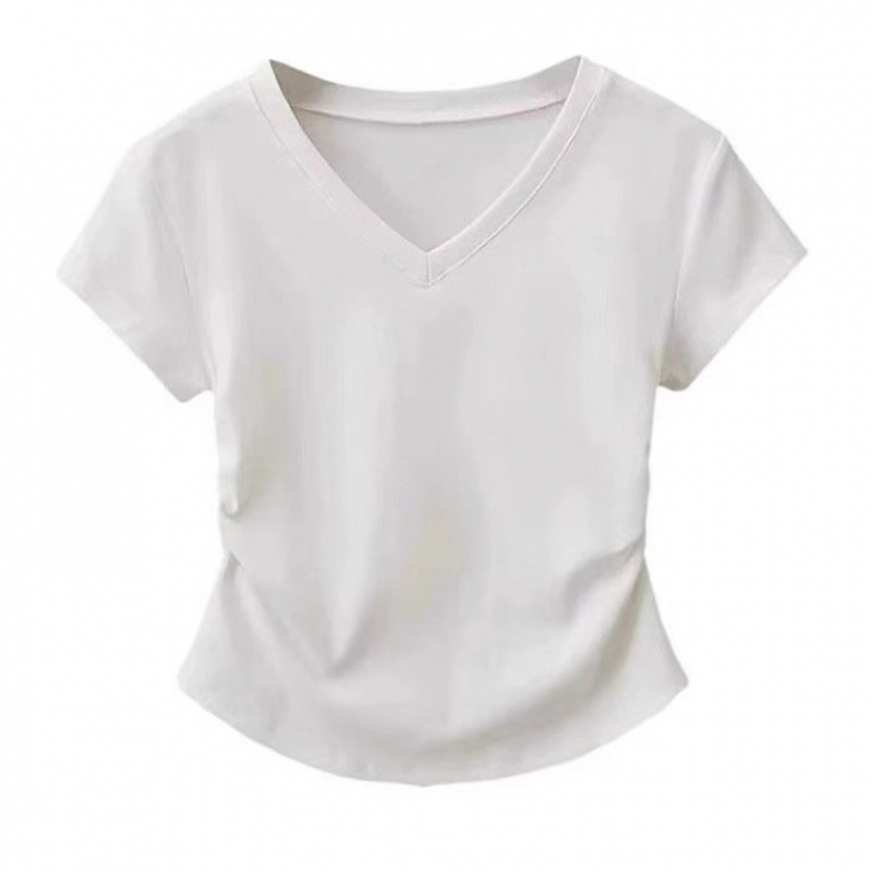 夏用右肩Vネックプリーツ万能半袖Tシャツレディーススリムフィットホットガールデザインショートイレギュラートップ|undefined