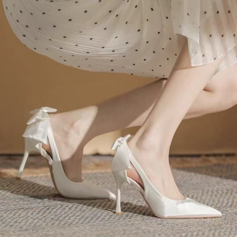 White High-Heeled Shoes for Women, Stiletto Pointed Toe Single Shoes, 2025 New Wedding Shoes, Bridal Shoes, Bow Satin Bridesmaid Shoes White High-Heeled Shoes for Women, Stiletto Pointed Toe Single Shoes, 2025 New Wedding Shoes, Bridal Shoes, Bow Satin Bridesmaid Shoes