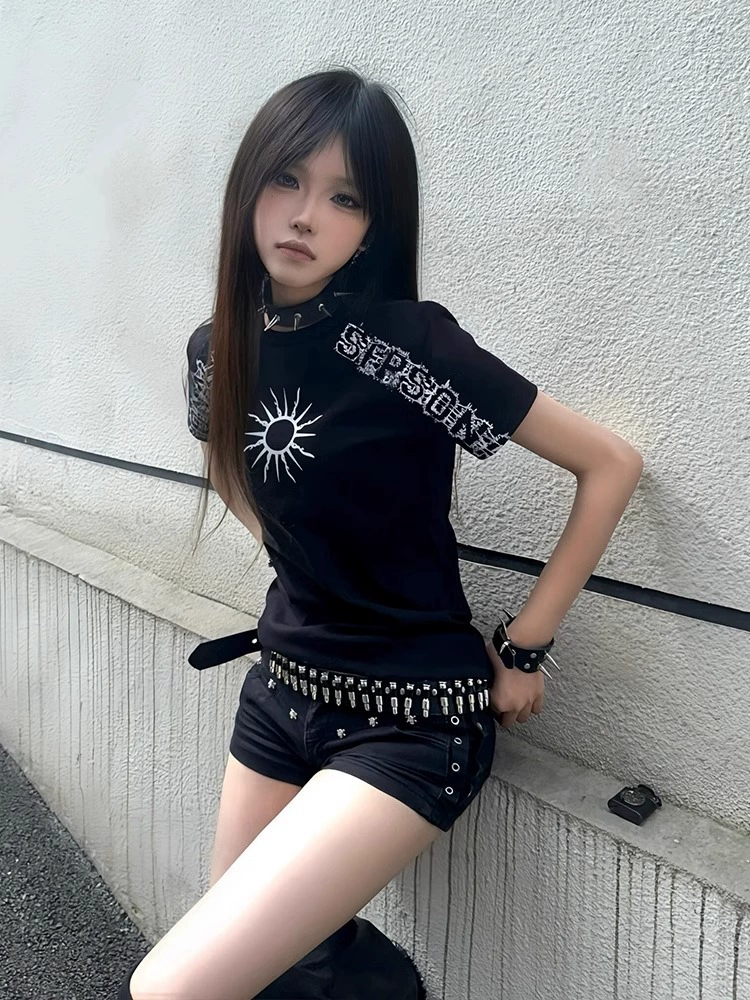 Субкультура Футболка с короткими рукавами плечо женская летняя новая американская ретро-панк tee тонкая рубашка y2k горячая девушка
