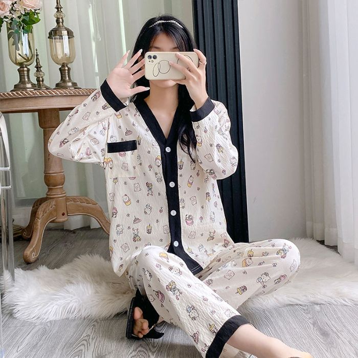 Pijamas de algodón nubes al por mayor transfronterizos mujeres primavera y otoño cardiganas de cuello en V pantalones de manga larga de dos piezas se pueden usar fuera