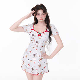 甜美可爱风樱桃小狗印花连体裙式短袖方领日系学生少女泡温泉泳装