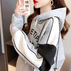 早秋连帽卫衣女2025新款春秋韩版宽松薄款设计感小众拼色百搭外套