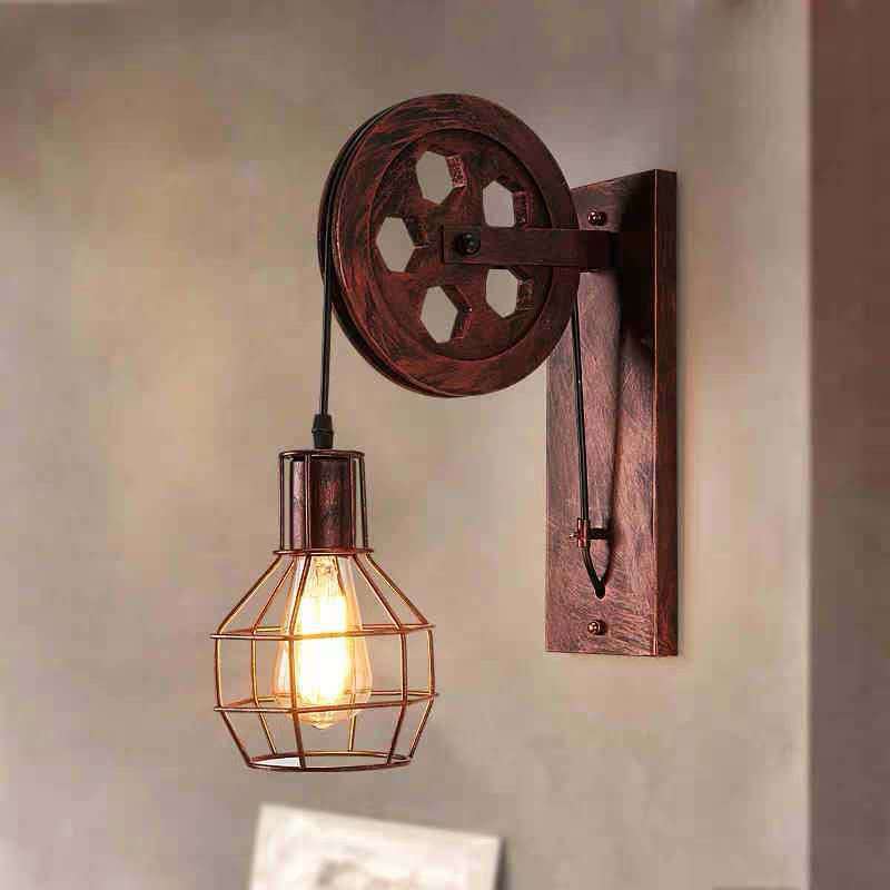 Lámpara de pared estilo industrial americana, diseño vintage con polea, para pasillos y escaleras.