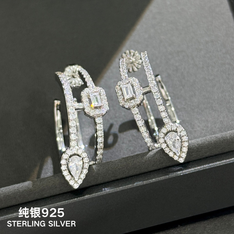 sterling silver梅家方糖双排钻耳圈双钻镶嵌方钻水滴金包银耳钉