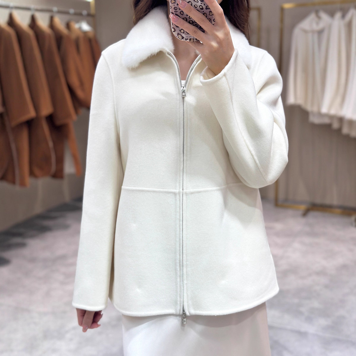 海宁2025秋冬新款LP家水貂毛领双面山羊绒大衣中长款羊毛外套女