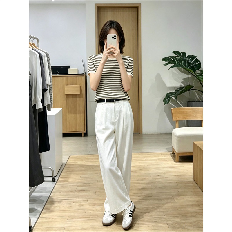 MM wheat series 2026 new summer style light coffee and paper yarn breathable right shoulder short-sleeved sweater for women 5H5932152 3