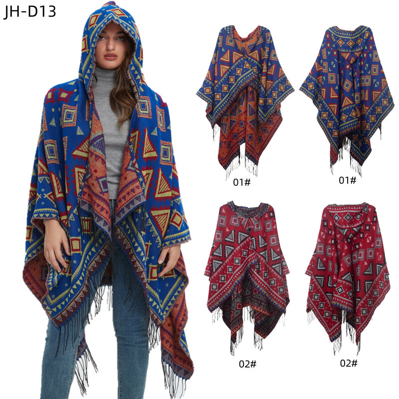 Unisex Hooded cape Winter travel jacquard fringed shawl for women_viptrois.com