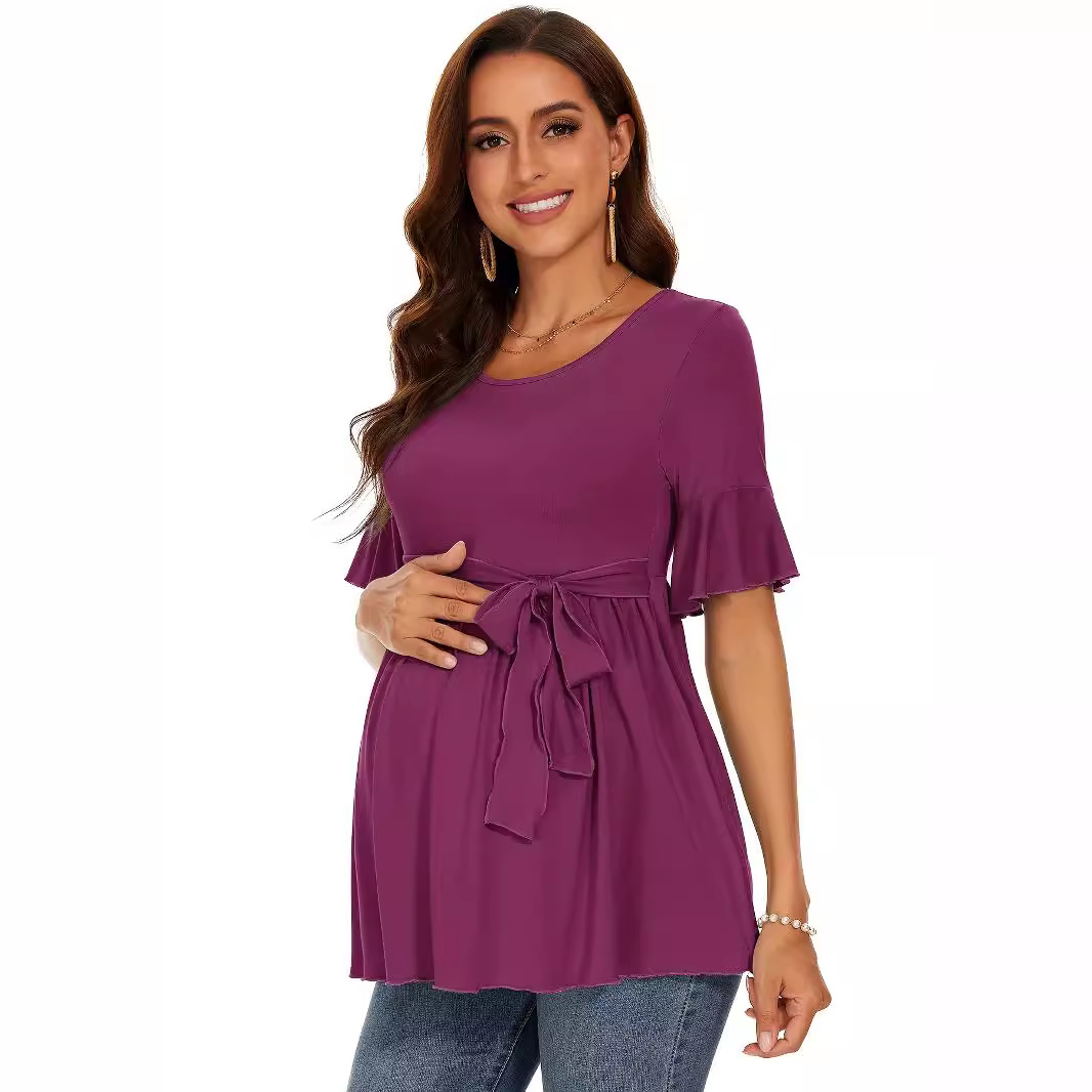 European and American Cross-border TEMU Women's Round Neck Pleated Ruffled Short-sleeved Top with Belt Solid Color Pregnant Women's T-shirt