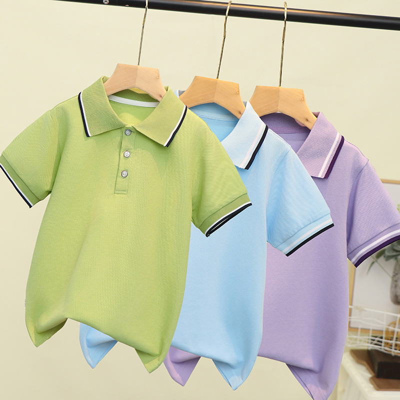 Boys' short-sleeved polo shirt, 2024 new style, children's summer clothing, children's collared top, pure cotton graduation uniform.