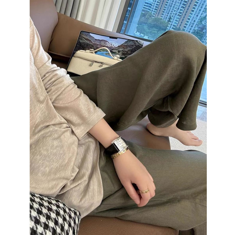 慵懒风高级感灰绿色亚麻休闲裤女2025新款高腰显瘦宽松直筒阔腿裤|undefined