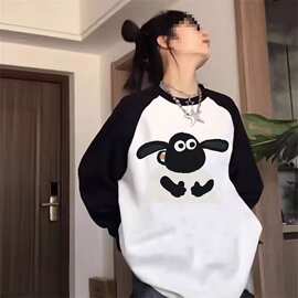 【200克双磨牛奶丝】小羊肖恩插肩长袖t恤女宽松大版纯棉打底体恤