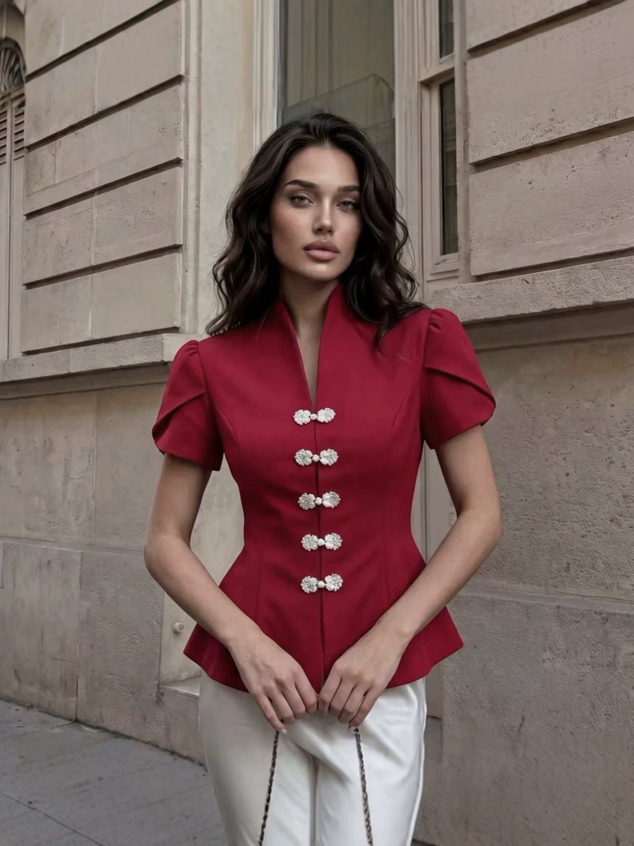 Cross-border foreign trade European and American style fashion buttoned short-sleeve jacket for women, stand-up collar puff sleeve blazer, slim-fit top for women