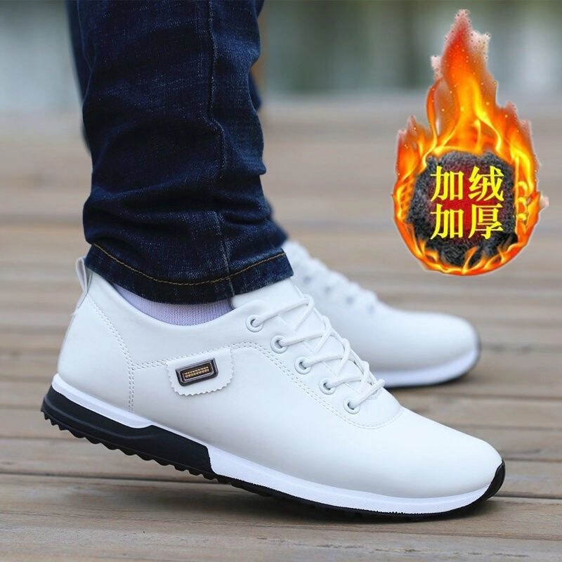 Korean Style Men's Trendy Leather Waterproof Winter Anti-Odor Versatile Sports Shoes Warm Men's Fleece-Lined White Casual Shoes