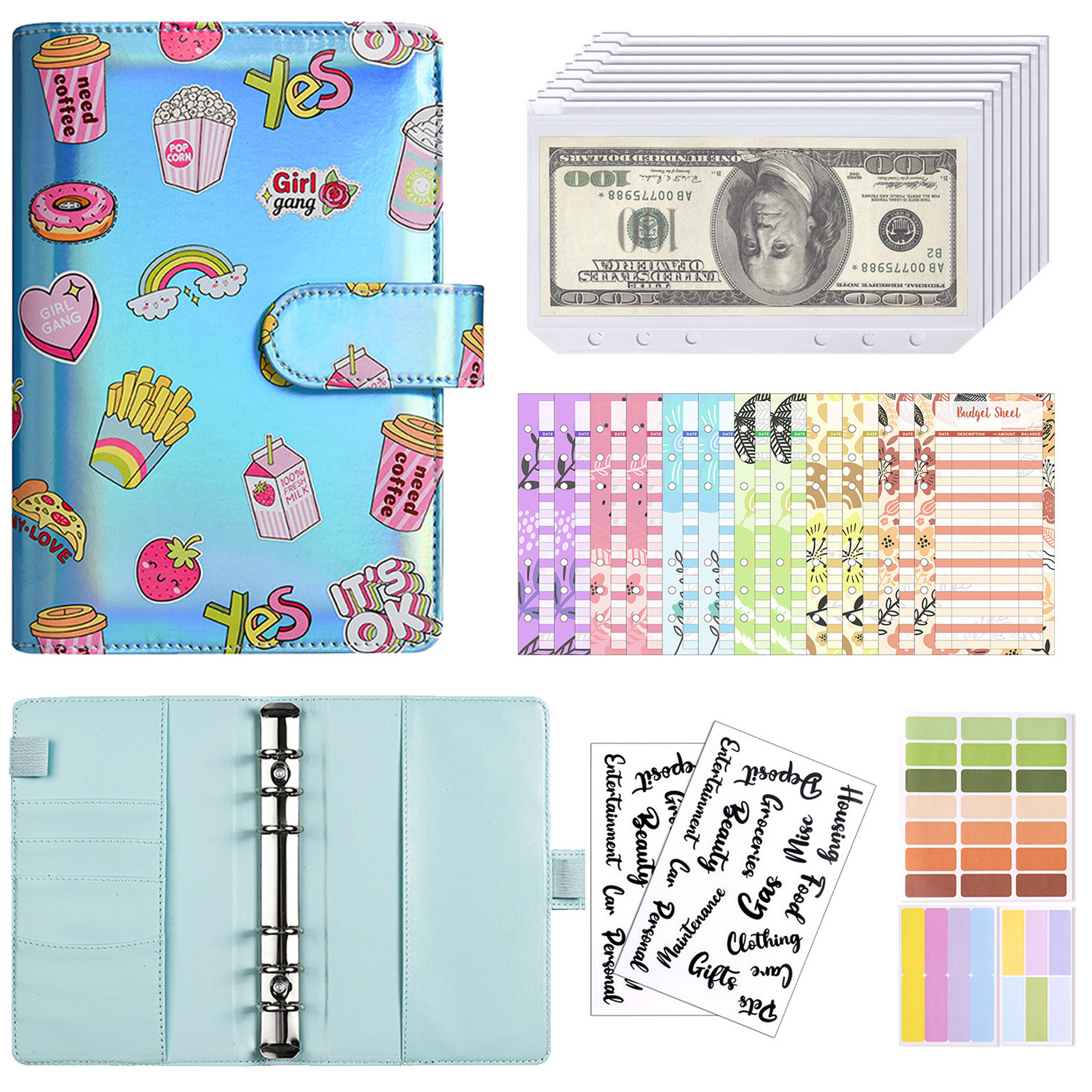 블루(예산 카드 12장 + 지퍼백 8장 + 영문 스티커 2장 + 3-in-1 포스트잇)