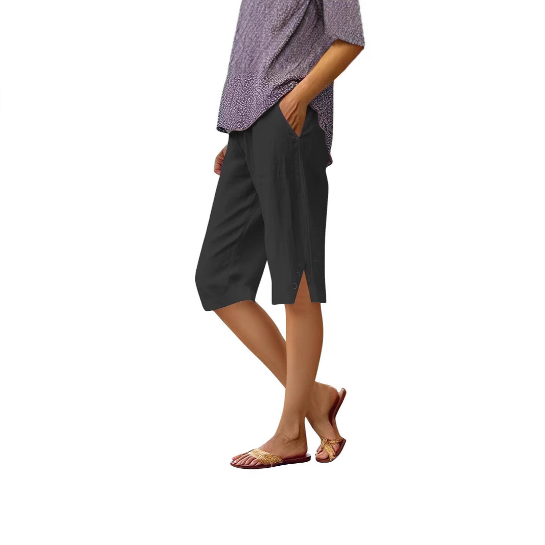 2024欧美亚马逊跨境新款女装休闲宽松口袋棉麻松紧休闲裤五分短裤