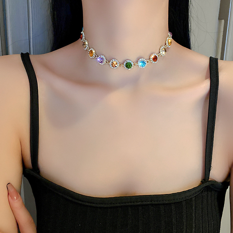 wholesale jewelry colorful round inlaid rhinestone clavicle chain retro style necklace Nihaojewelry