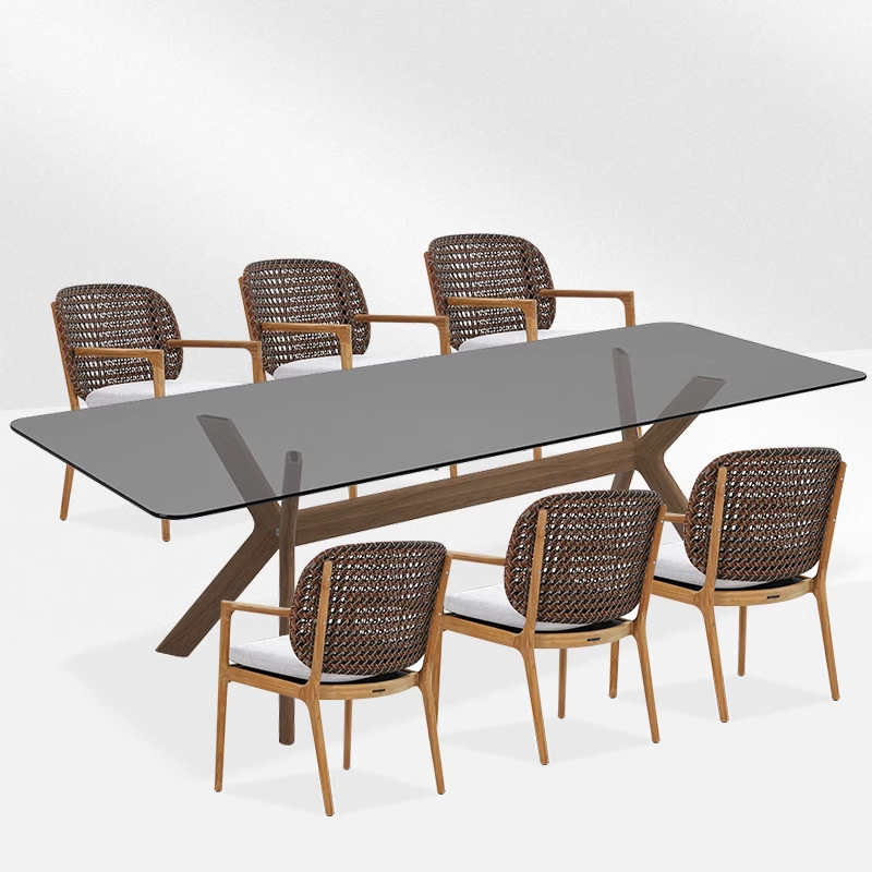 Silla de comedor de ratán al aire libre Mesa de comedor de teca nórdica y silla protector solar anticorrosión Muebles de Villa Silla de ratán al aire libre Balcón Oficina de ventas